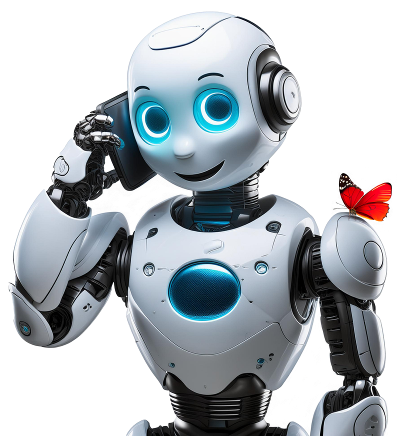 A friendly smiling robot with a red Simmat butterfly perched on its shoulder invites you to contact us